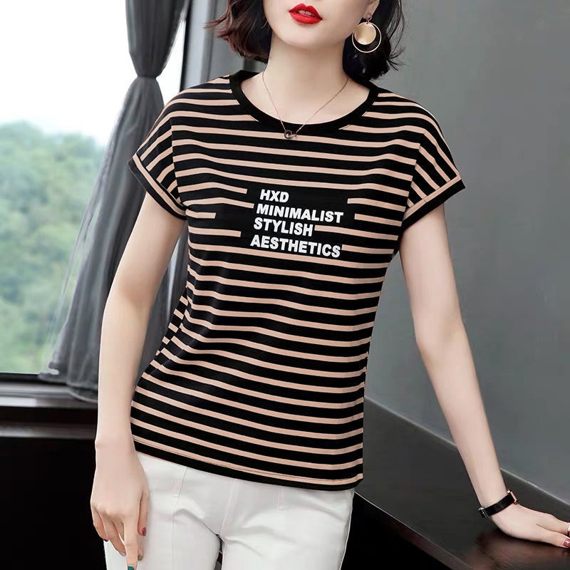 Áothun tay ngắn họa tiết kẻ sọc trắng đen thời trang cho phụ nữ trung niên