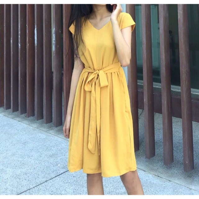 Đầm cột eo vàng/ hồng Bemo dáng xòe xb