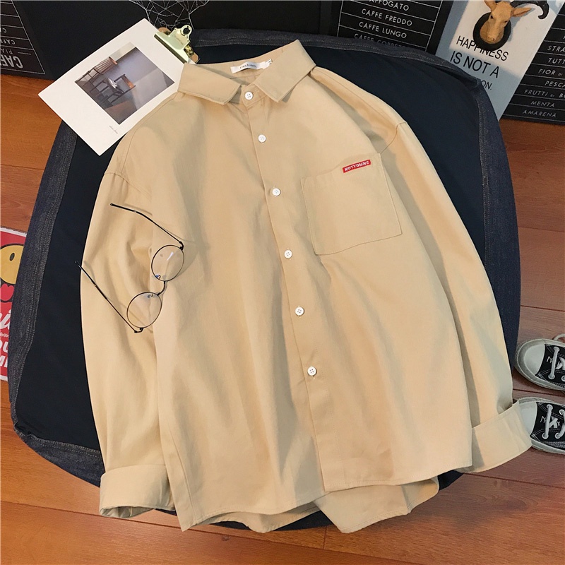 Áo Sơ Mi Tay Dài Dáng Rộng Màu Sắc Trơn Thời Trang Mùa Thu Phong Cách Hàn Quốc Cho Nam Giới
