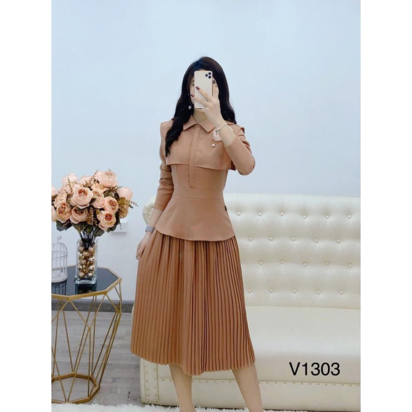 Váy nâu tây cổ đức, chân váy xếp li V1303 - By KemStore