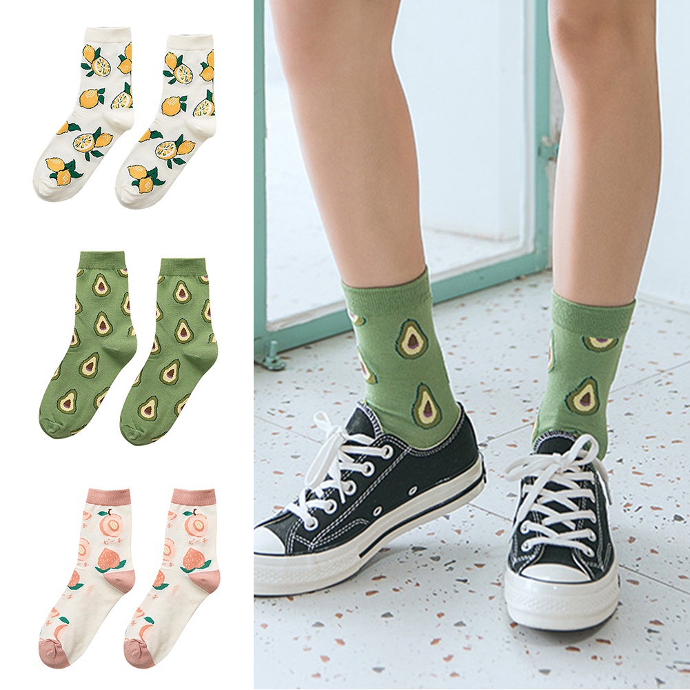 Tất Cotton Cổ Cao Thoáng Khí In Họa Tiết Trái Bơ Dễ Thương Cho Nữ