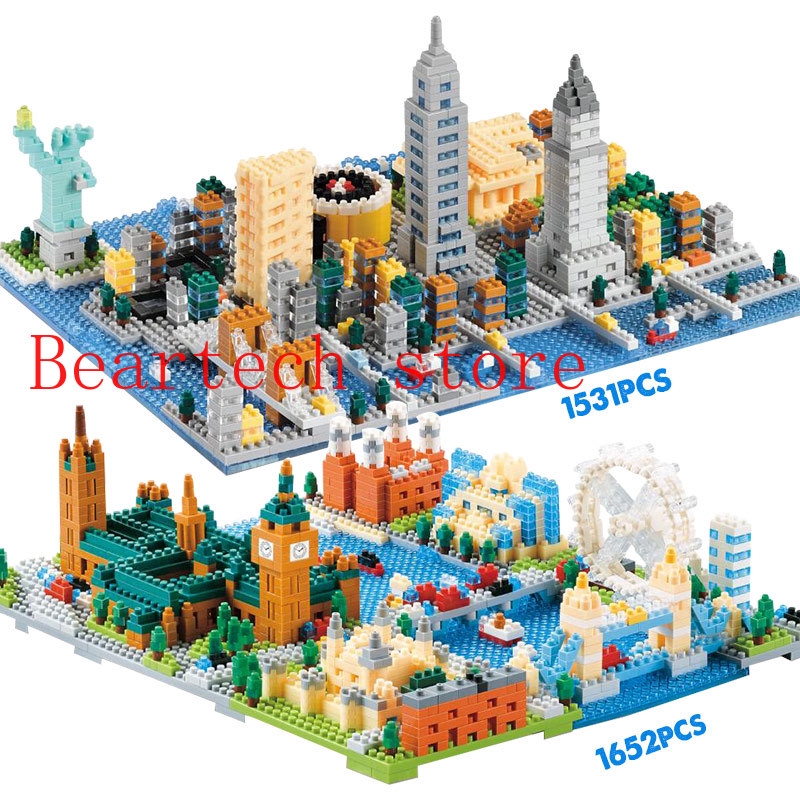 1530+pcs Bricks New York Statue of Liberty Mini Diamond Blocks City Architecture London Tower Bridge Building Block Toys