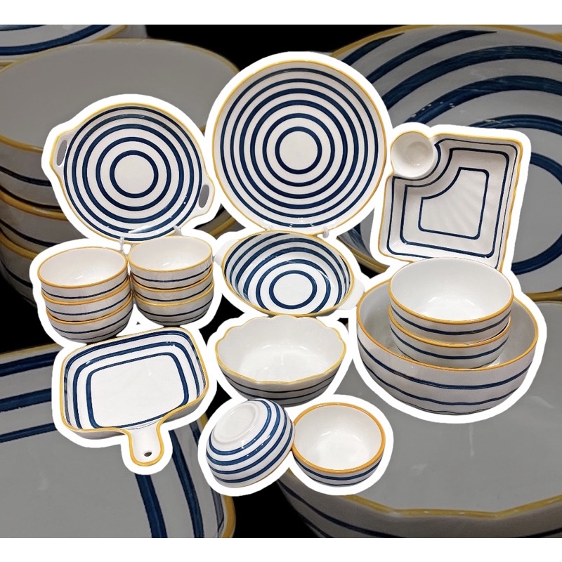 Tô dĩa sứ hoạ tiết kẻ ngang sang trọng, chén bát phong cách Bắc Âu mới hiện đại (Tách lẻ món)