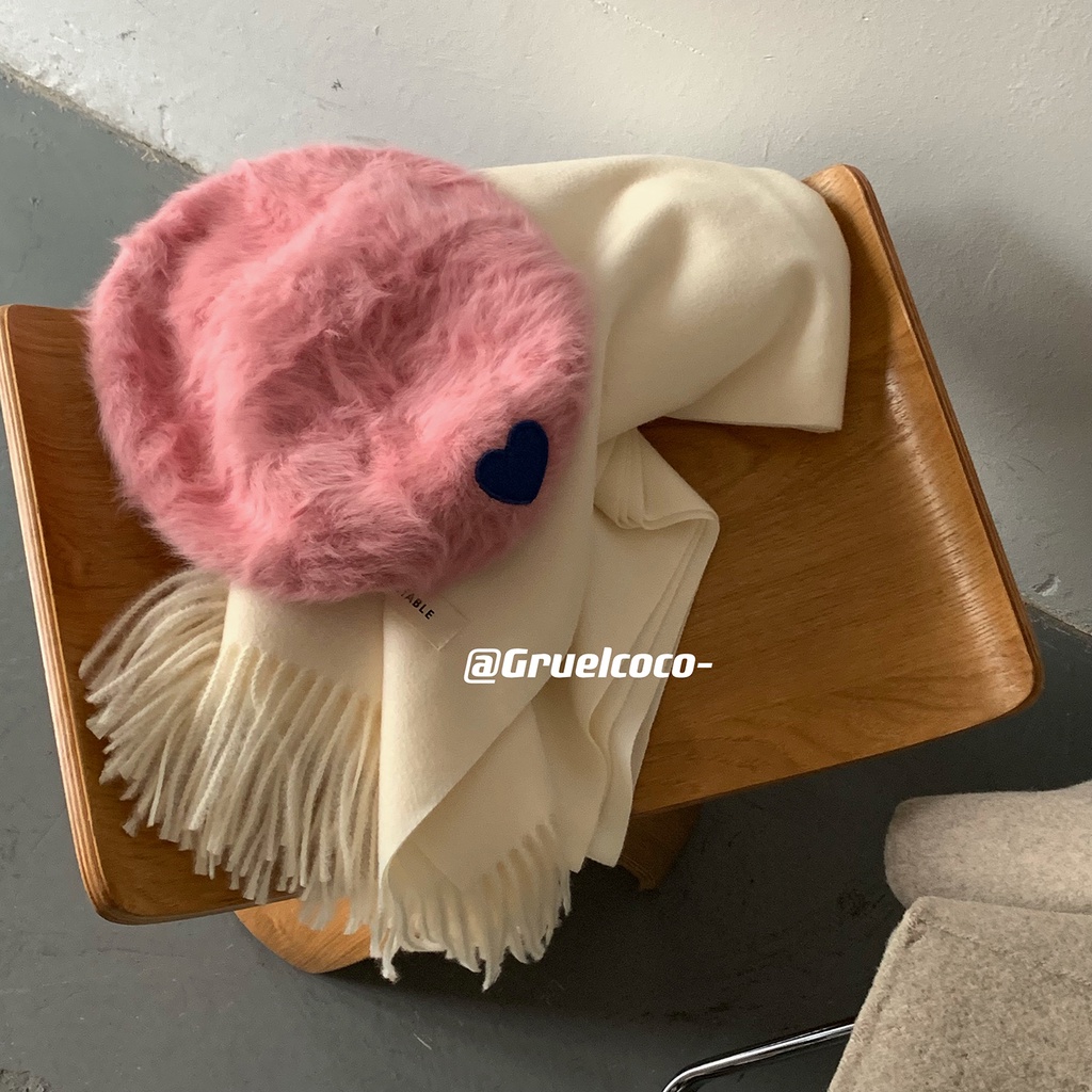 Congee Cocoa Mũ Beret Lông Thỏ Màu Trắng Thêu Hình Trái Tim Mùa Thu Đông Dành Cho Bạn Nữ