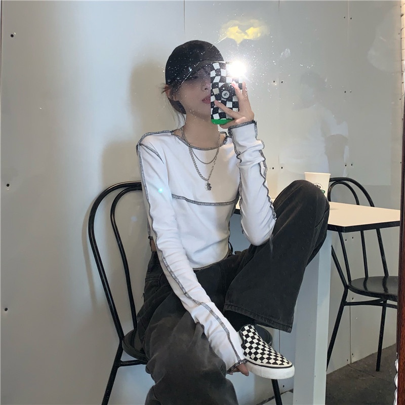 SUXI Áo Thun Tay Dài Màu Sắc Đơn Giản Phong Cách Vintage Dành Cho Nữ