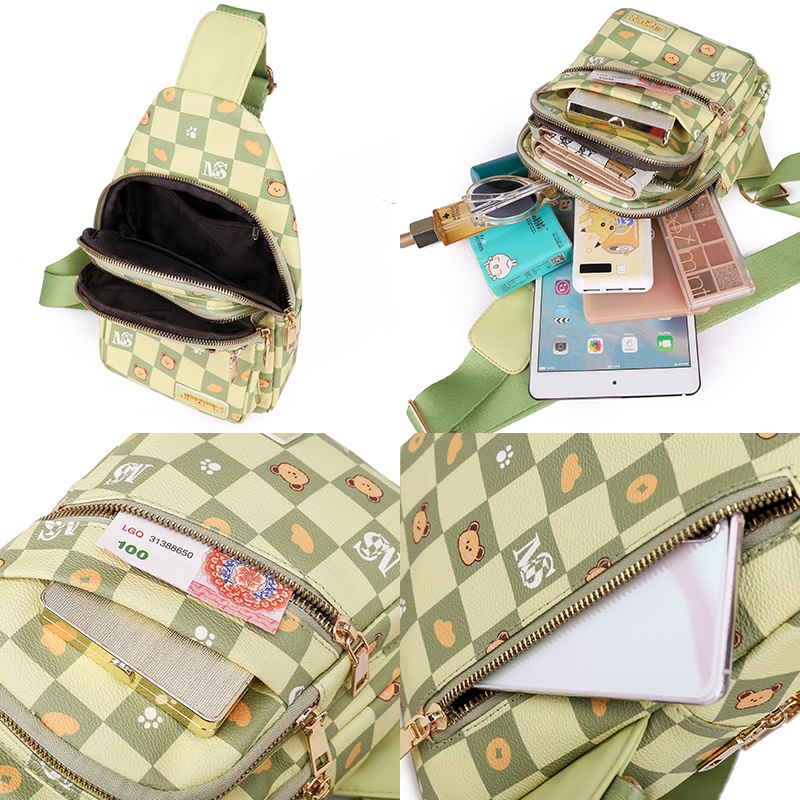 Túi Đeo Chéo Trước Ngực Bằng Da Mềm Gọn Nhẹ In Họa Tiết Gấu Dễ Thương Cho Nữ