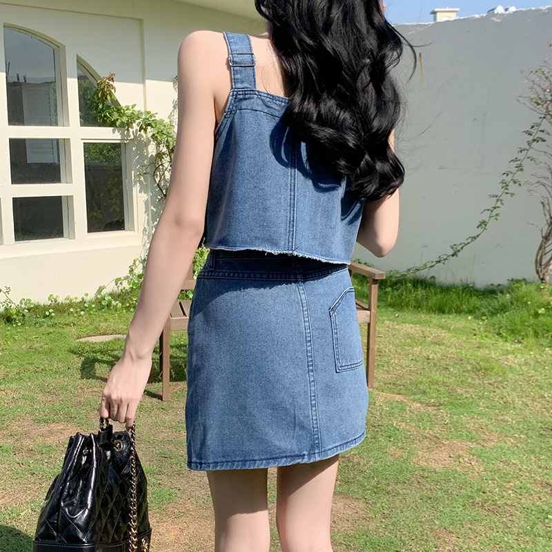 Set Áo Hai Dây + Chân váy jean Chữ A Lưng Cao Thời Trang Nữ