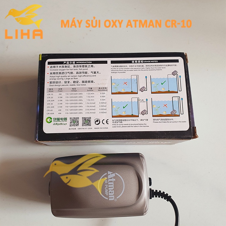Máy Sủi Oxy Atman CR10 (3W-1.2L/Phút) - Máy Oxi Siêu Êm Cho Bể Cá Cảnh