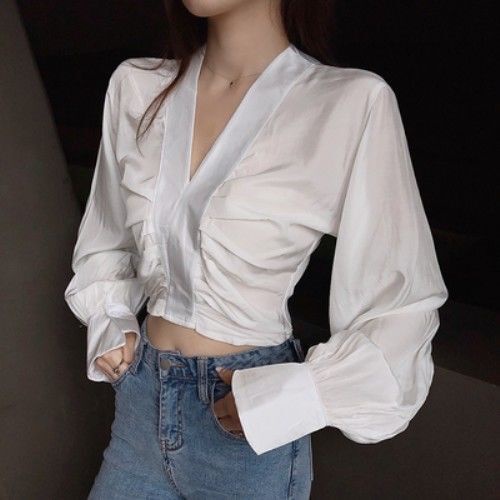 Áo Sơ Mi Nữ Tay Dài Cổ Chữ V Thiết Kế Mới