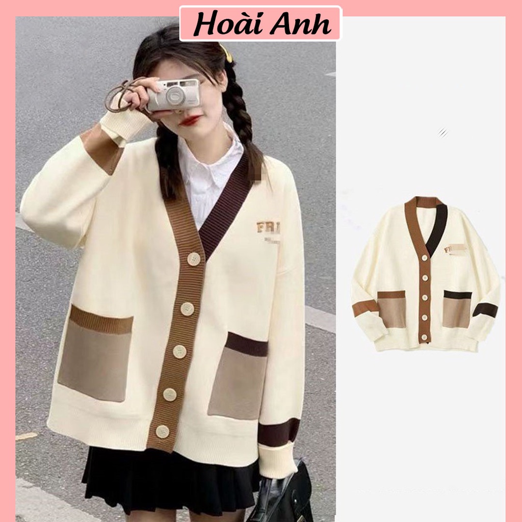 Áo Khoác Cardigan Áo Cardigan Len Phối Màu Be Nâu Form Rộng Phong Cách Hàn Quốc Freesize