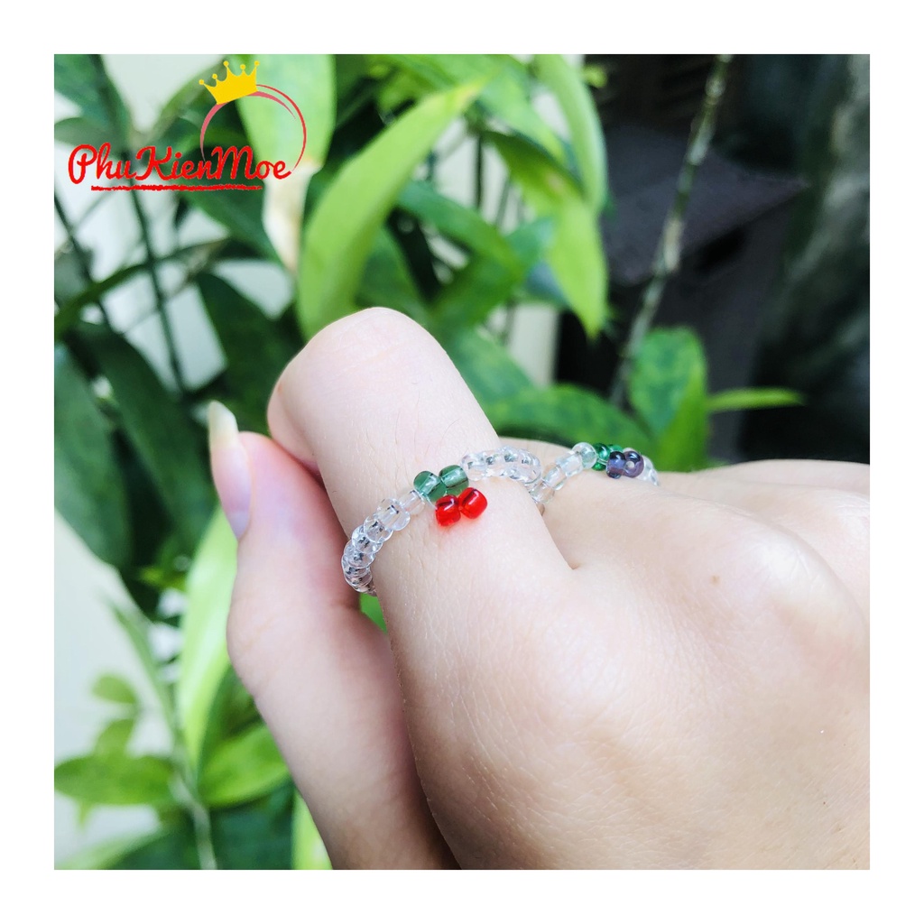 Nhẫn đính hạt nhựa Acrylic hình mặt cười , màu cầu vồng , hình quả cherry phong cách trendy