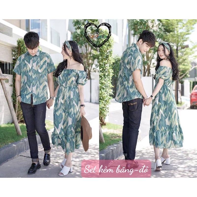 Váy áo đôi nam nữ du lịch hoạ tiết hoa lá sang trọng, đồ đi biển đôi váy trễ vai cao cấp