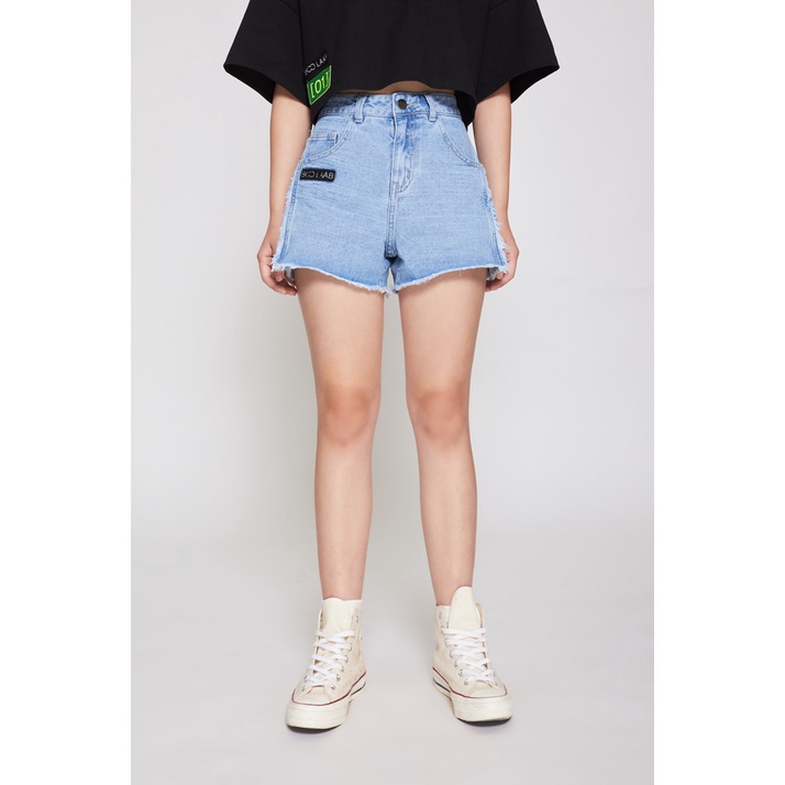 Quần Short Jeans Nữ BOO Xỏa Gấu Đính Patch BOOLAAB Phong Cách Hàn Quốc