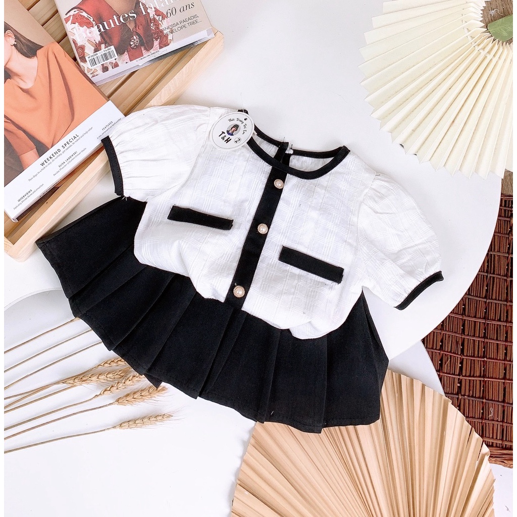 Đồ bộ bé gái, Set áo chui đầu ngắn tay đũi sọc tay bồng cúc ngọc và chân váy A xếp ly kaki xịn sò (có quần), SUN KID'S