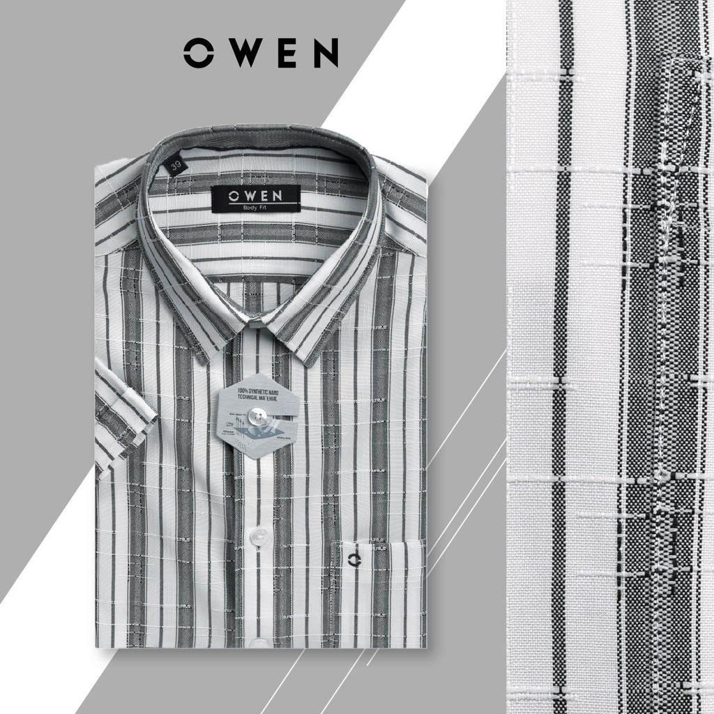 OWEN - Áo sơ mi ngắn tay Owen body fit kẻ xám 90589