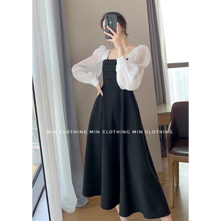 Đầm Dáng Dài Màu Đen Phối Tay Bống Màu Trắng Chất Umi Có Mút Ngực Mặc Đẹp Phù Hợp Đi Chơi, Dạ Tiệc Dáng Xinh [NEW UNISEX
