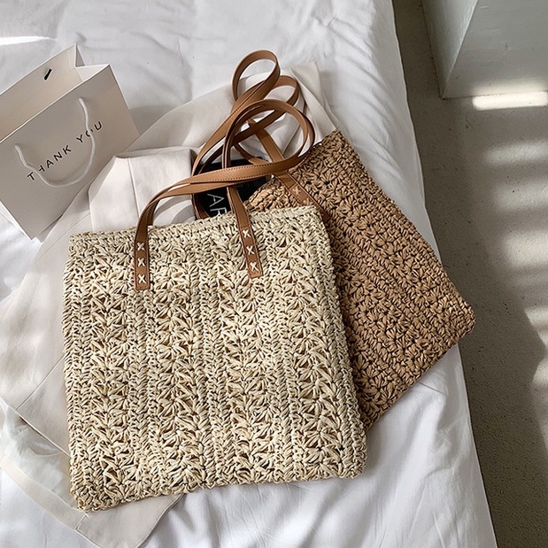Túi cói vuông đeo vai Tote - dây da - phong cách Vintage