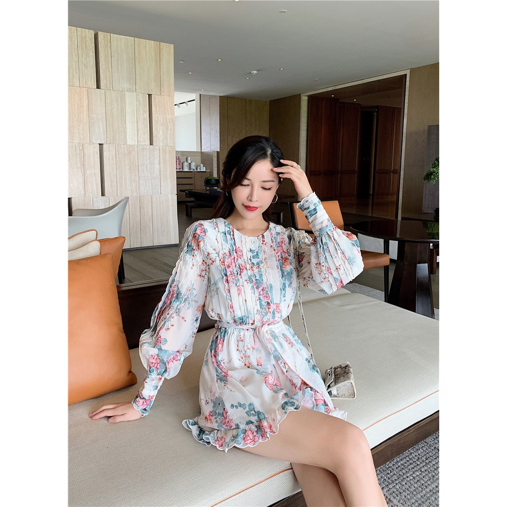 Jumpsuit voan hoa tay bo phồng ngực xếp nếp thắt dây eo nữ tính