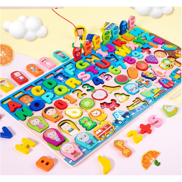 Đồ chơi bảng chữ cái thông minh, bộ trò chơi câu cá và ghép số học bằng gỗ cho bé-Loại 1