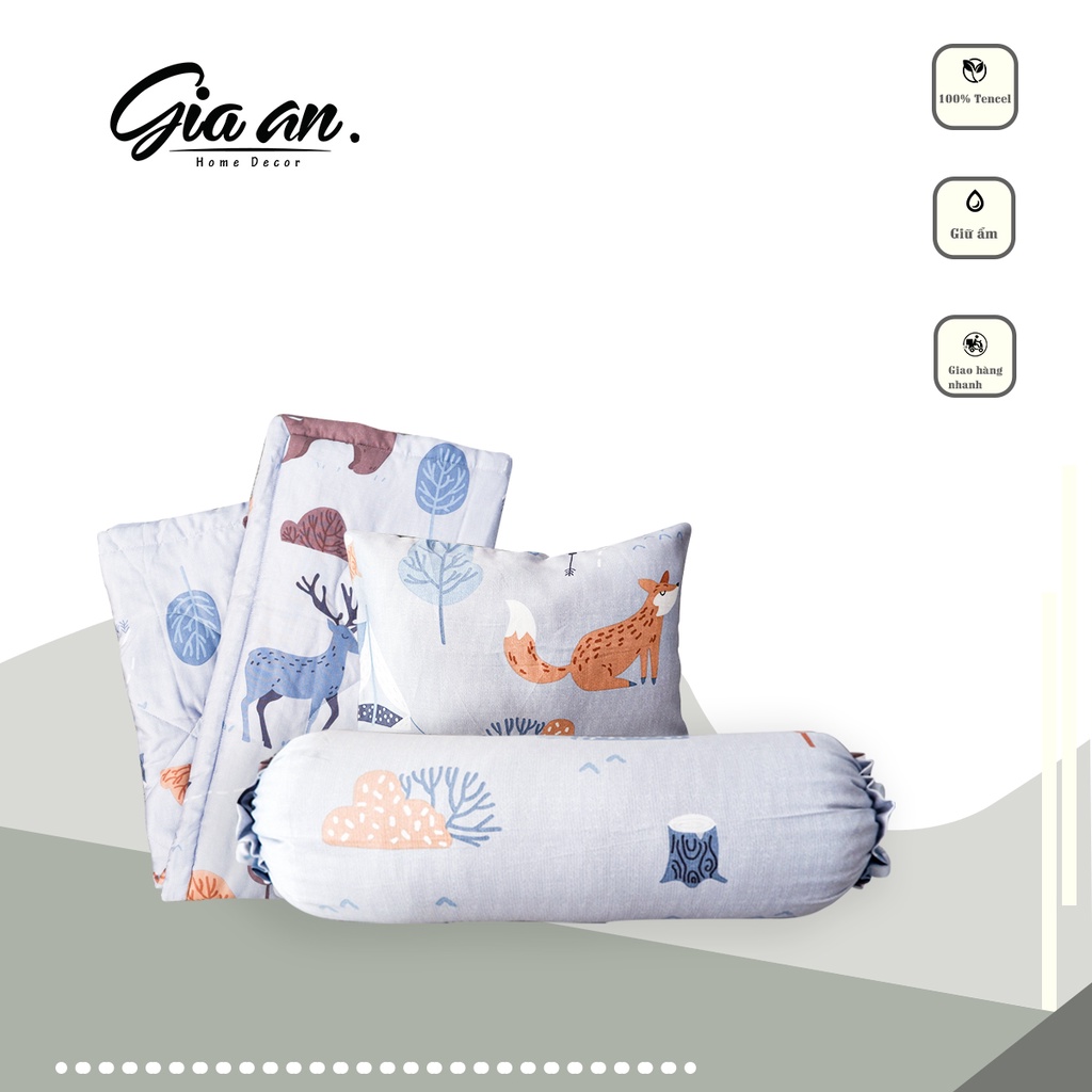 set mền đi học cho bé họa tiết động vật cáo cam và hươu, chất liệu tencel modal mềm mịn mát.