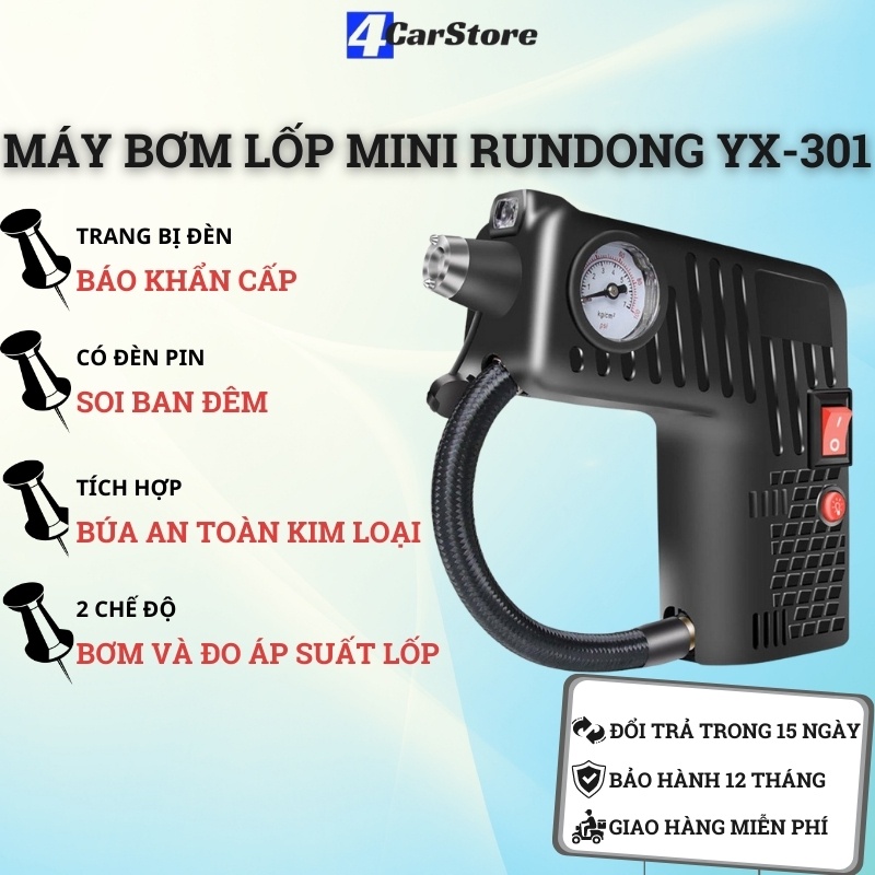Máy bơm lốp ô tô đa năng RUNDONG YX301 | Máy bơm lốp ô tô 4 in 1(bơm hơi, đo áp suất lốp, búa an toàn, đèn báo khẩn cấp)