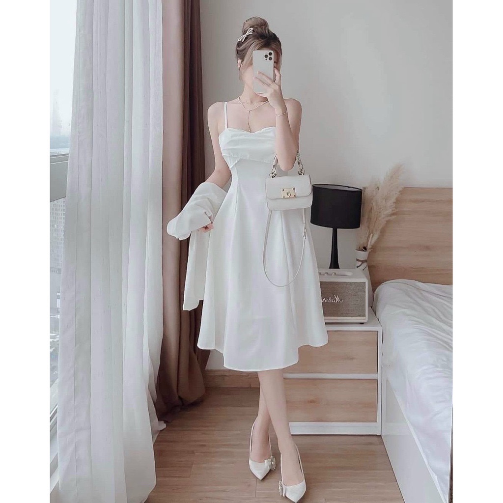 [HCM] Đầm Nữ Trắng Tinh Khối Voan 2 Dây Khoác Ngoài Gân Tâm Thời Trang Nữ Sam Closet Free Size 40-55kg