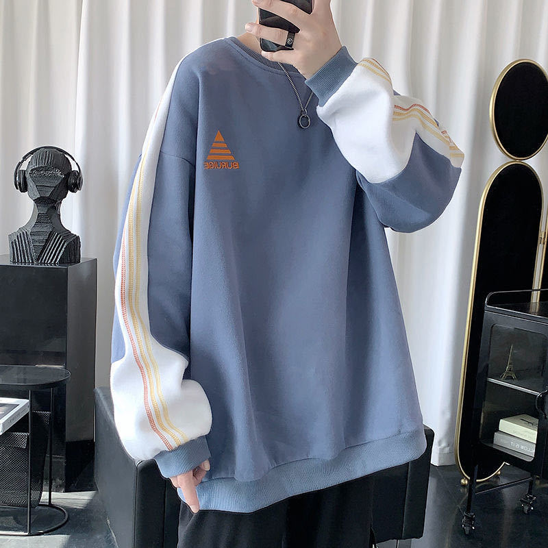 Áo sweater cổ tròn dáng rộng lót nhung phối màu phong cách hong kong thời trang mùa thu cho nam size m-4xl | BigBuy360 - bigbuy360.vn