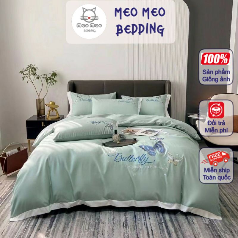 Bộ Chăn Ga Gối Cotton Linen Thêu Họa Tiết Butterfly 🦋 Cao Cấp - Sét 4 Món