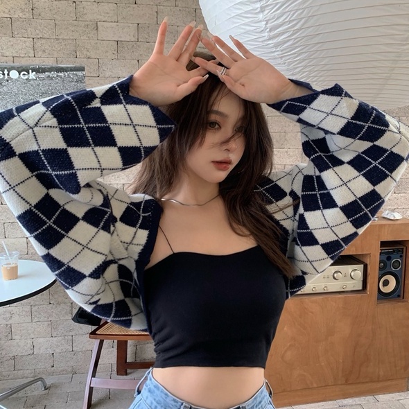 【ZHELIHANGFEI】Áo Khoác Cardigan Dệt Kim Tay Dài Họa Tiết Sọc Caro Phong Cách Quyến Rũ