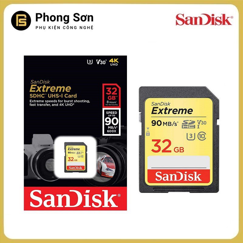 Thẻ nhớ SDHC SanDisk Extreme 32GB Class 10 UHS1-U3 90MB/s (Vàng) | BigBuy360 - bigbuy360.vn