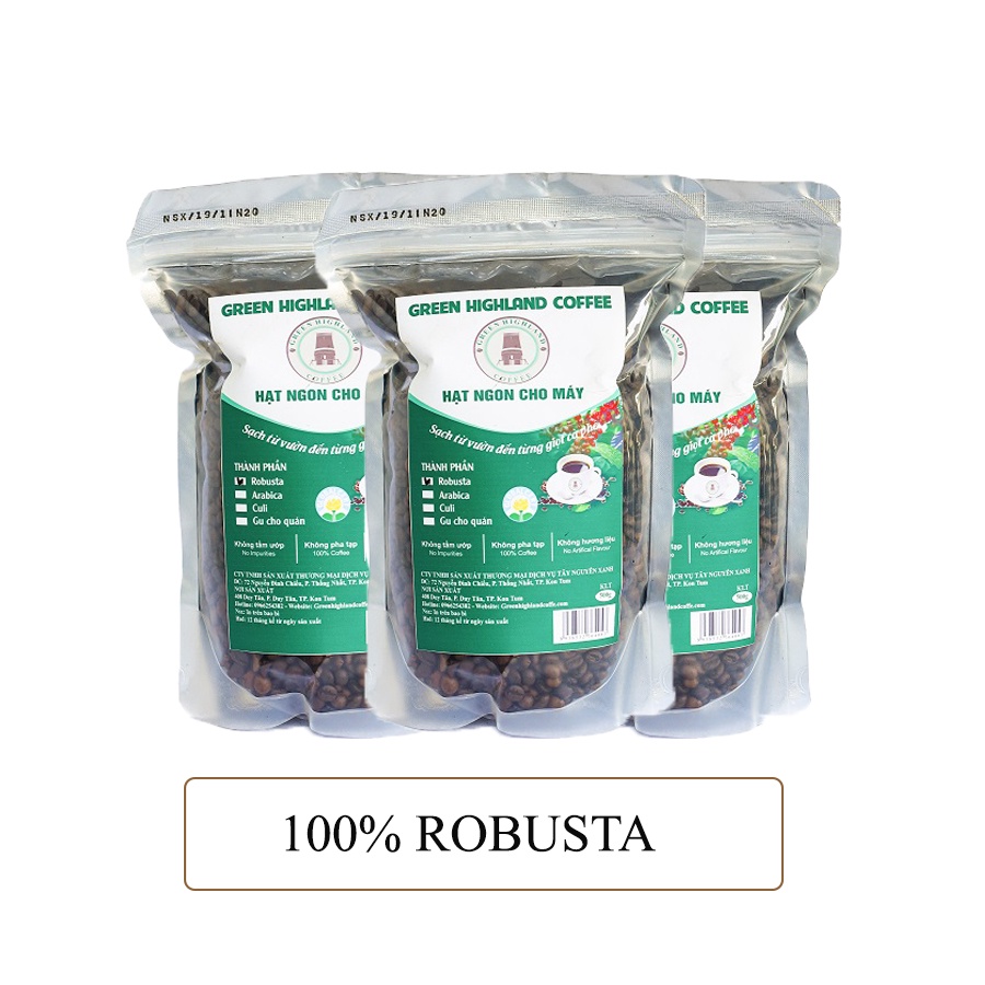 Cà phê rang nguyên hạt Robusta, Arabica sạch 500gr và 1kg Tây Nguyên Xanh ocop Kon Tum