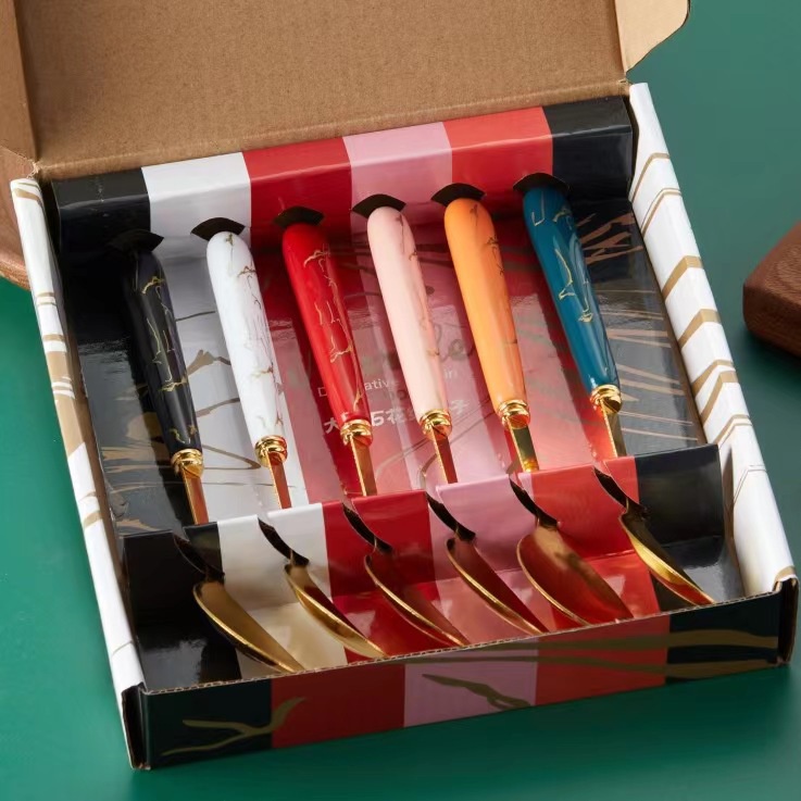 Sét 6 muỗng inox vân đá kèm hộp đựng siêu xinh