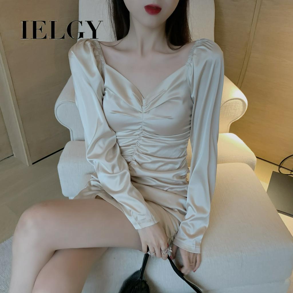 IELGY Đầm dài tay phong cách retro quyến rũ sang trọng cho nữ