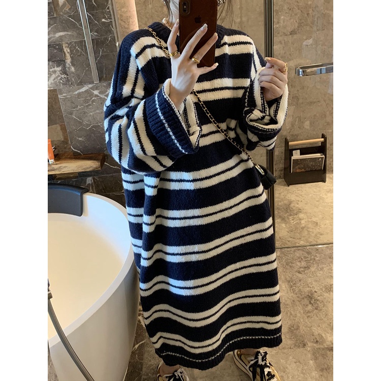 Đầm ZHELIHANGFEI dệt kim dáng rộng kẻ sọc cá tính thời trang