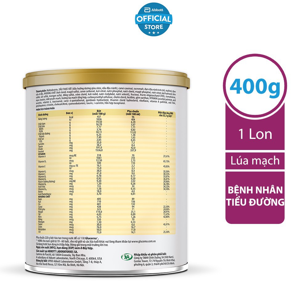 Sữa bột Abbott Glucerna 400g Bổ sung dinh dưỡng cho bệnh nhân đái tháo đường