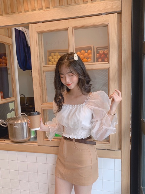 Áo croptop phối voan mây ulzzang Áo trễ vai Jna Official