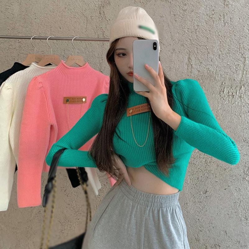 Áo Croptop Dệt Kim Tay Dài Cổ Lọ Phong Cách Hàn Quốc