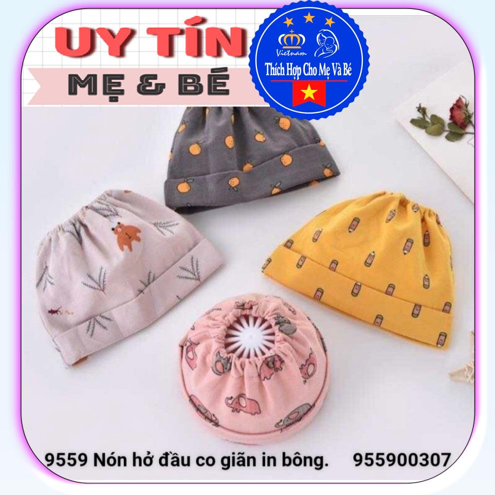 Nón em bé,mũ em bé kiểu hở đầu co giãn in bông (9559),  chất liệu cotton 100% , thương hiệu Aiueo Nhật Bản