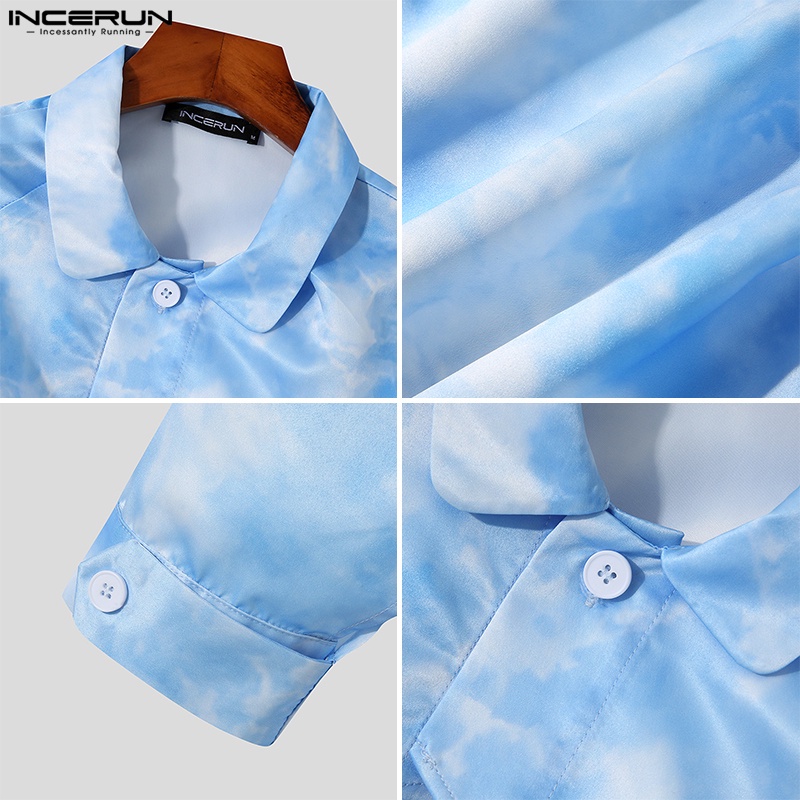 Áo sơ mi croptop INCERUN tay dài màu xanh nhuộm thời trang cho nam