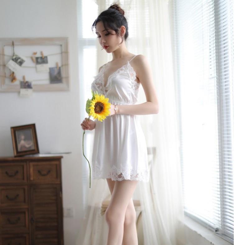 [Che tên] Váy ngủ lụa thái ren ngực - Màu trắng