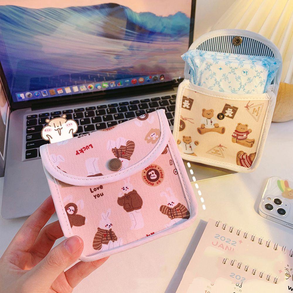 1 Túi Đựng Băng Vệ Sinh / Tiền Xu / Thẻ Bằng Vải Cotton Hình Gấu Hoạt Hình Dễ Thương Có Khóa Kéo Cho Nữ RYVN