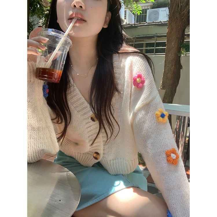 DUNEA Áo Khoác Cardigan Dệt Kim Cổ Chữ V In Họa Tiết Hoa Phong Cách Hàn Quốc DUNEA0901