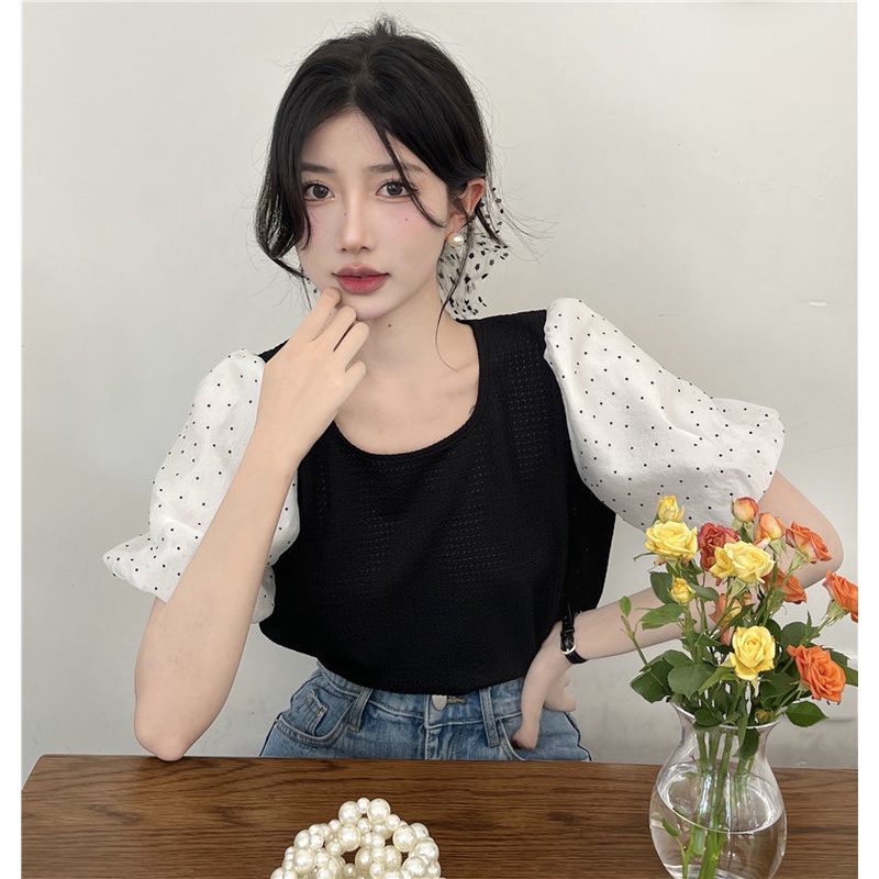 Áo Thun Tay Ngắn Cổ Tròn Họa Tiết Chấm Bi Thời Trang Dành Cho Nữ