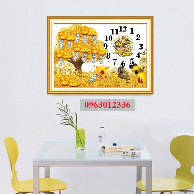 Tranh thêu chữ thập đồng hồ cây tiền tài lộc E49 7*50cm