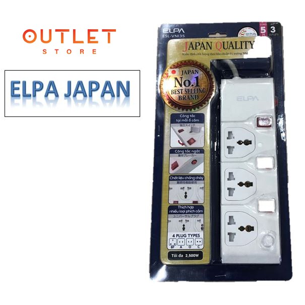 Ổ cắm điện thông minh đa năng chống cháy ELPA ESL-VNI35 Nhật Bản 3 phích công tắc 2500W