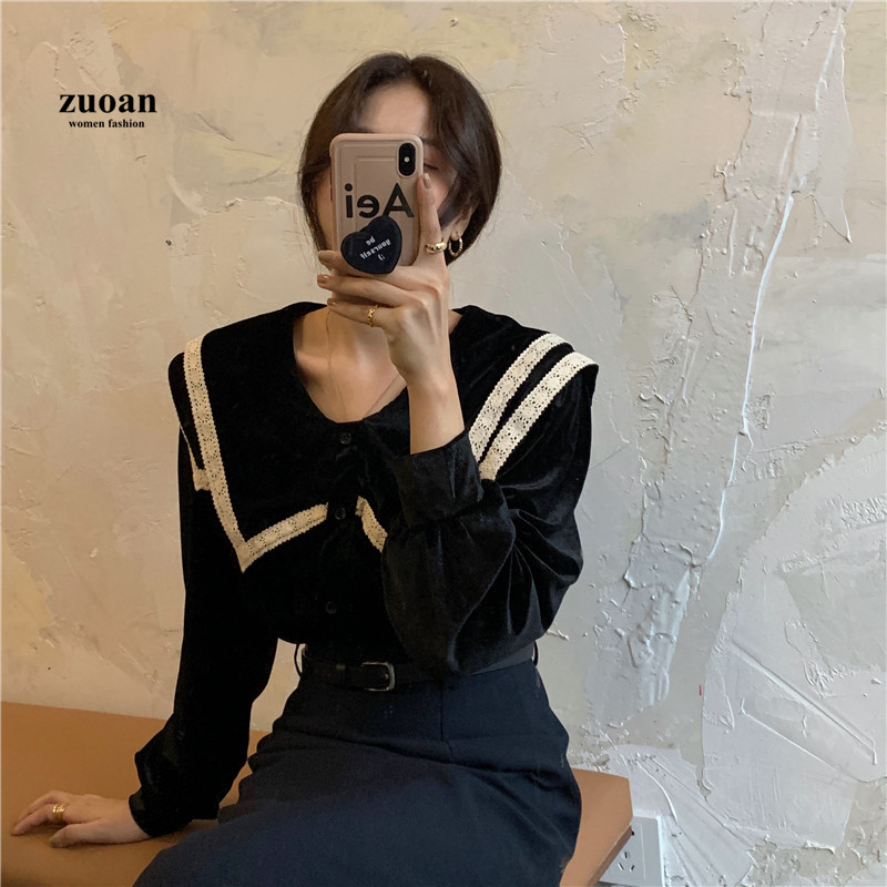 SUXI Korean Round Neck Black Velvet Splicing Long Sleeve Women's Blouse