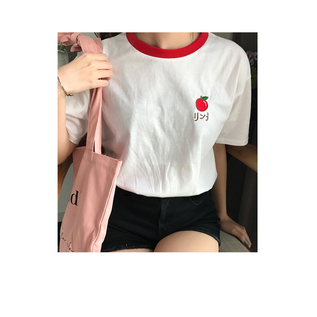 Áo thun SUXI cổ tròn dáng rộng thêu hình trái cây xinh xắn cho nữ