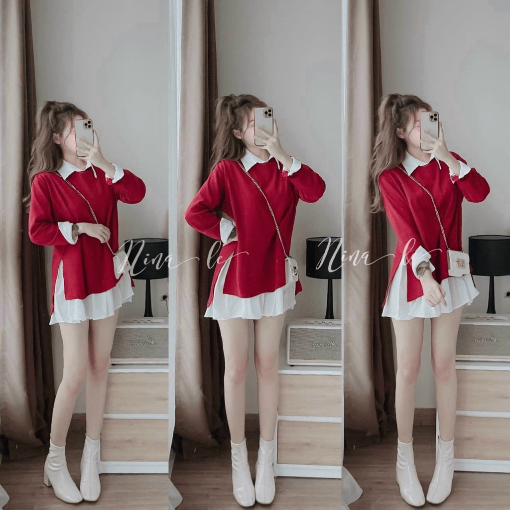 SÉT ĐẦM LỤA SƠ MI PHỐI ÁO THUN GÂN MÀU ĐỎ CHỨNG TỎ YÊU ANH CỰC HOT