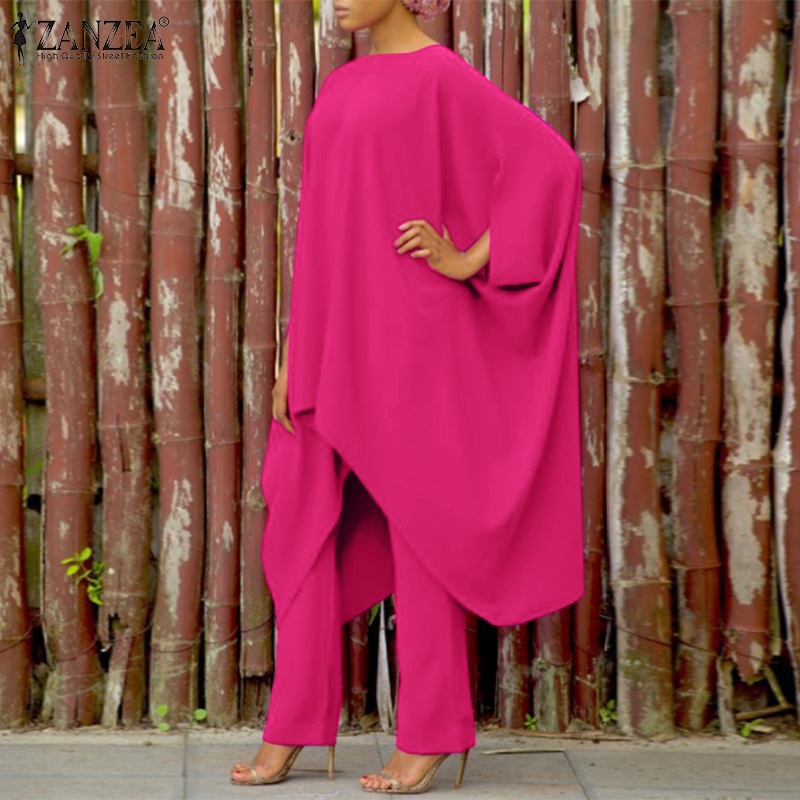 Bộ trang phục ZANZEA gồm áo cổ rộng tay cánh dơi và quần dài màu trơn cho nữ