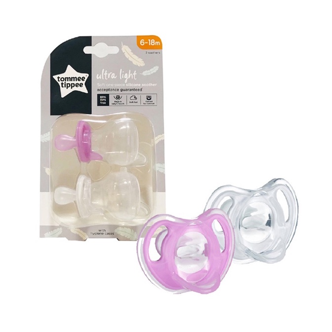 Ty ngậm silicon siêu nhẹ cho bé Tommee Tippee Ultra Light 6-18 tháng (vỉ đôi) - Tím/Trắng